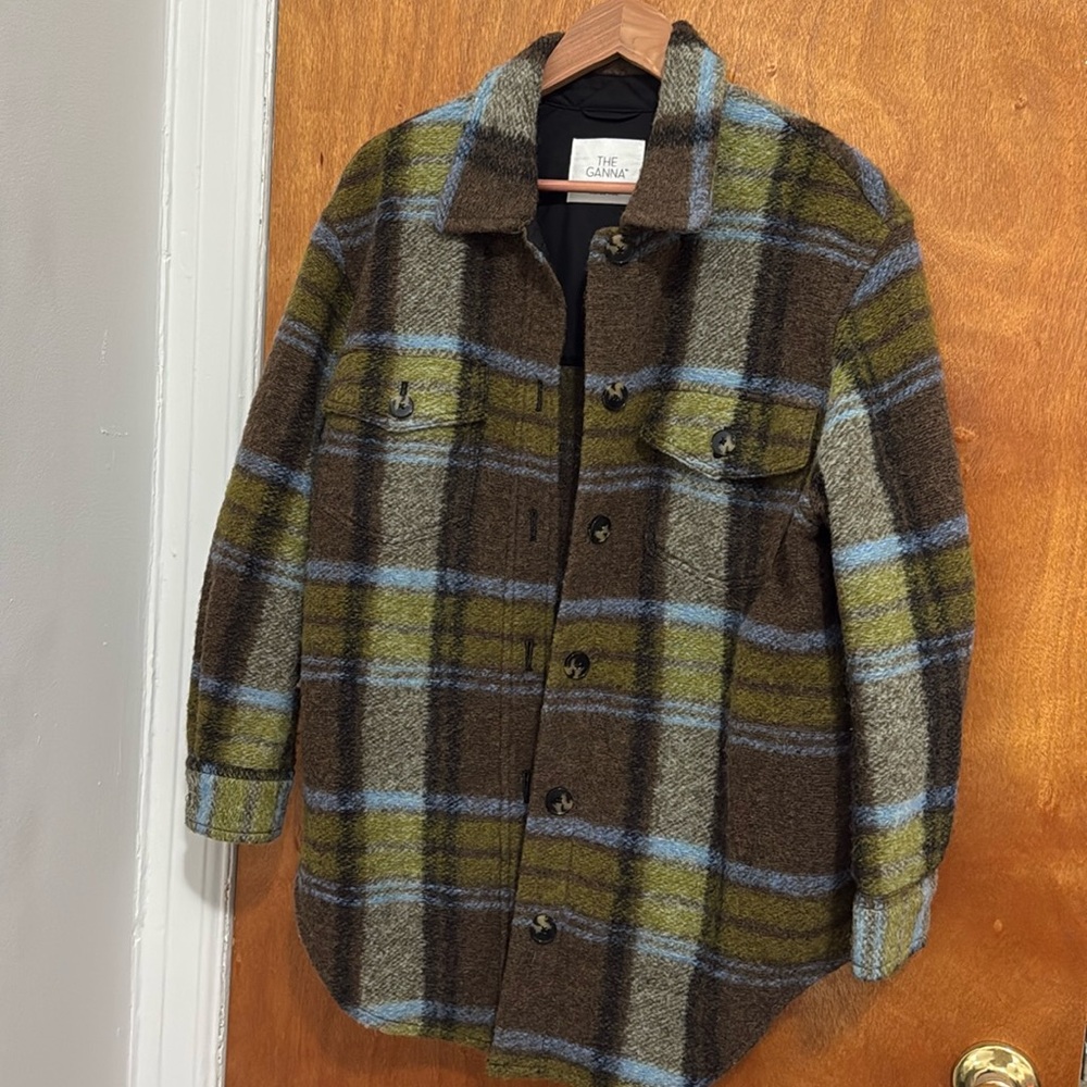 Aritzia Plaid Wool Shacket in Brown, Olive & Light Blue